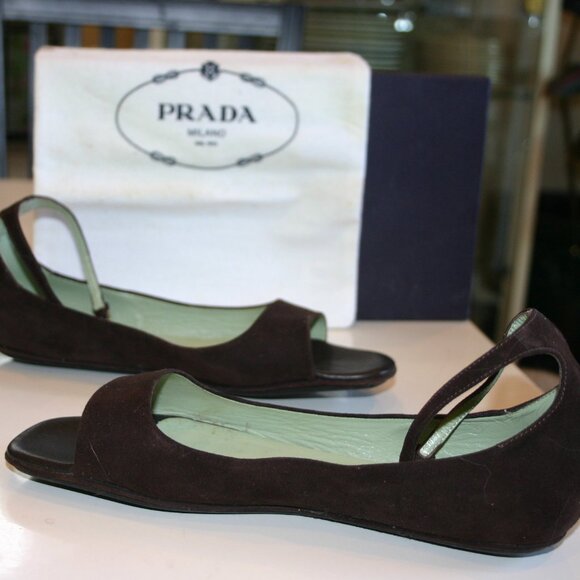 PRADA Itay Size 8M Vintage Dark Brown Suede FLATS Open Toe Ankle Strap Worn 1x - Picture 9 of 9